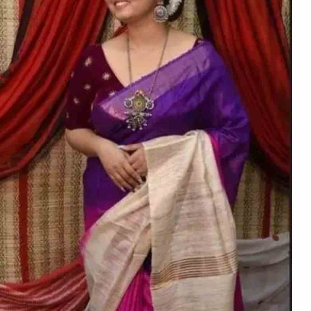 Tussar Ghicha Saree with Triple Dye Silk and Jari Border in Purple, Pink, and White